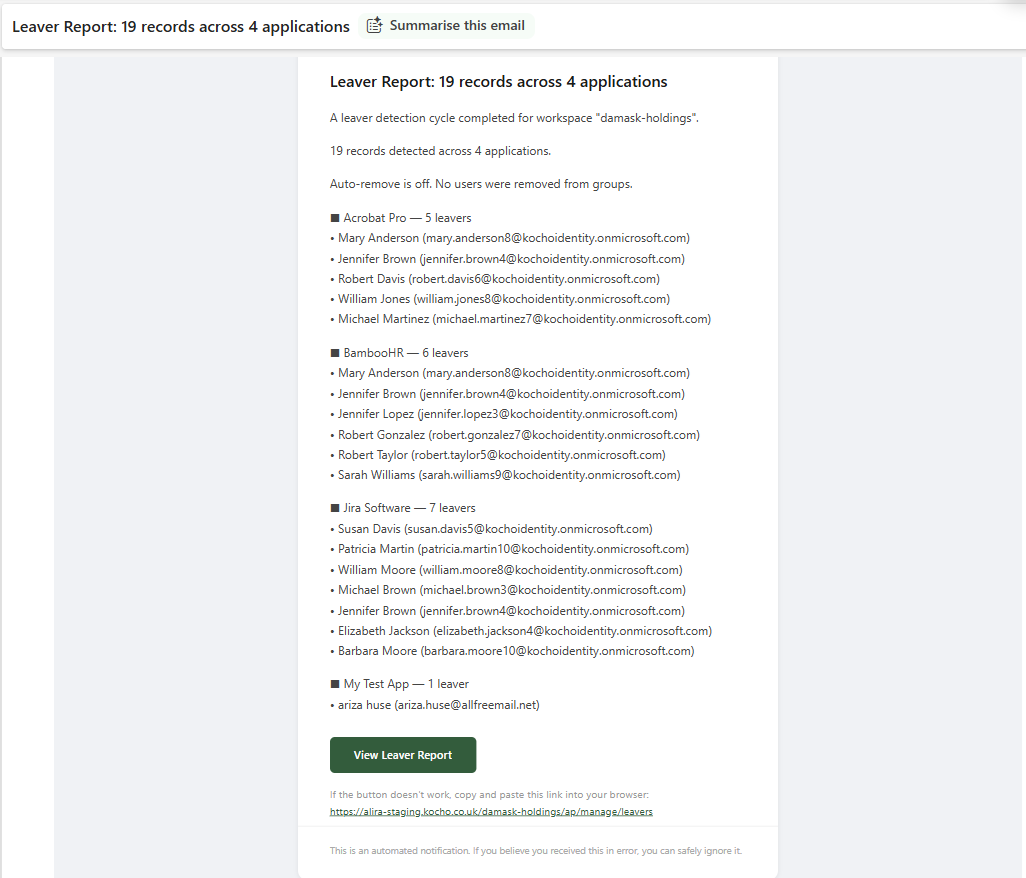 Leaver Report Email